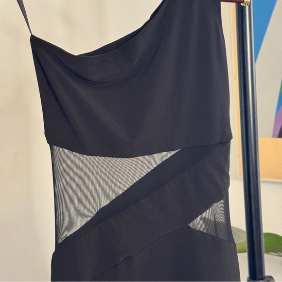 B Darlin One Shoulder Black Dress with Mesh Detail - Picture 4 of 5